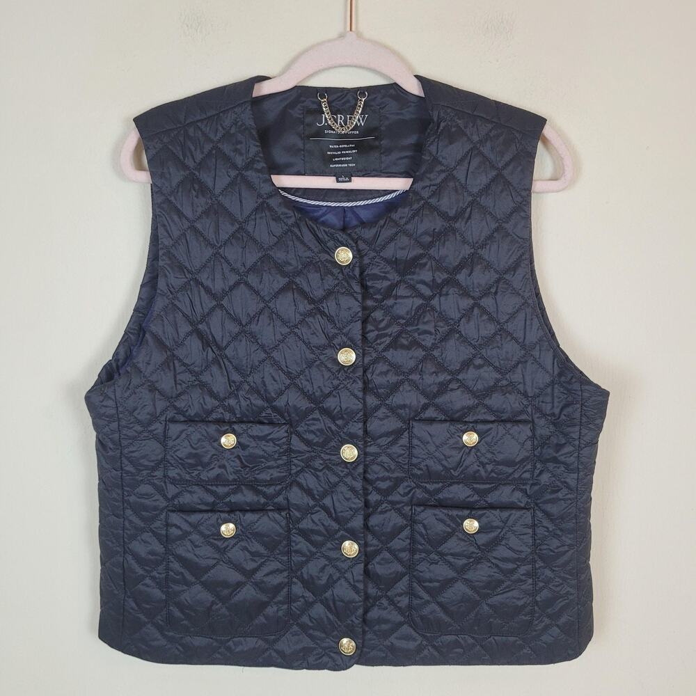 J.Crew Vest Large Black Quilted Lightweight Lady Snap Preppy Classic BM424